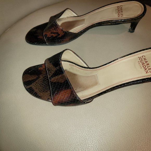 Charles Jordan Black/Brown Snakeskin Cross Bridge Sandals Size 7 - Picture 8 of 11